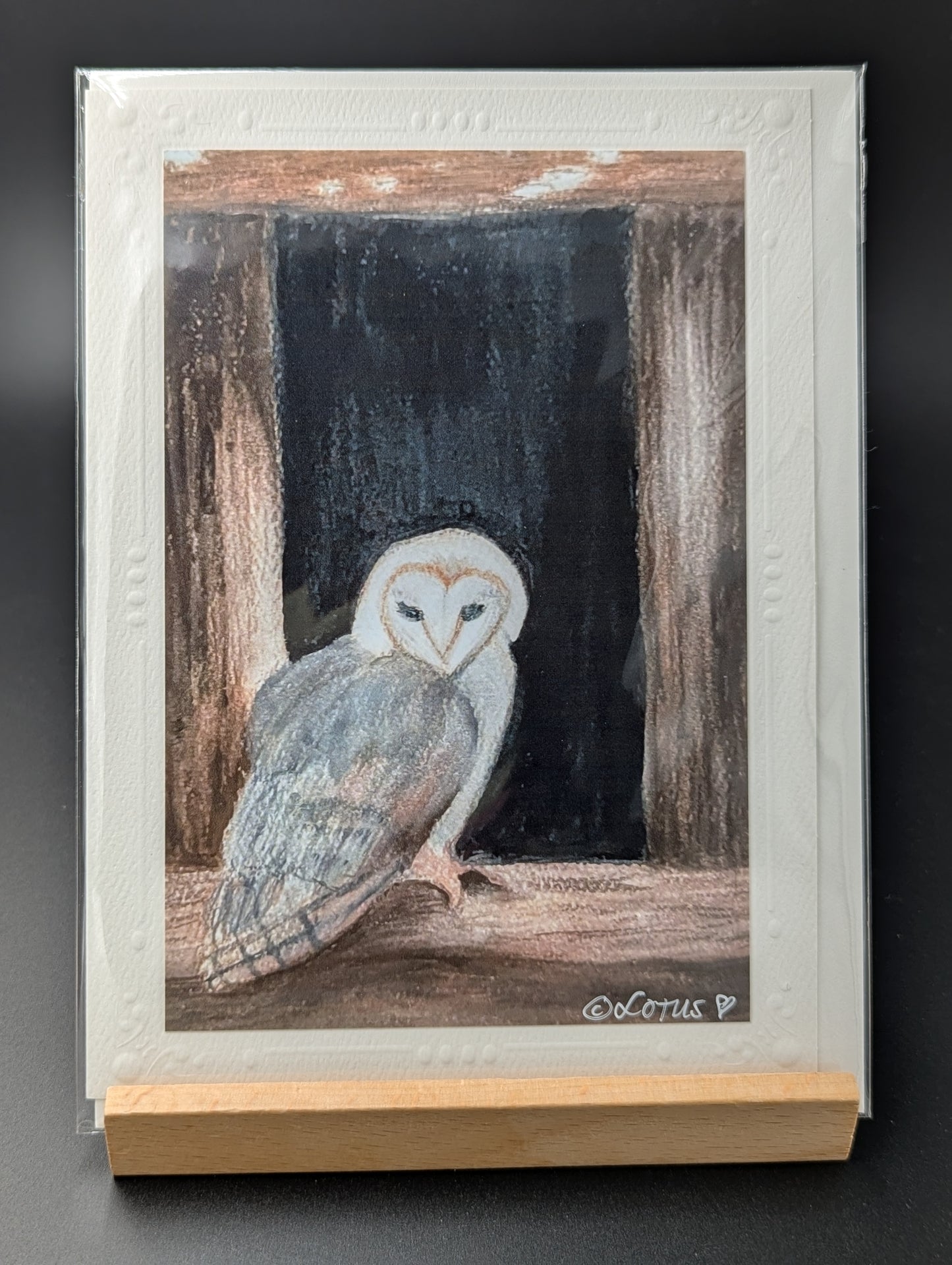 Hand drawn card featuring a barn owl.