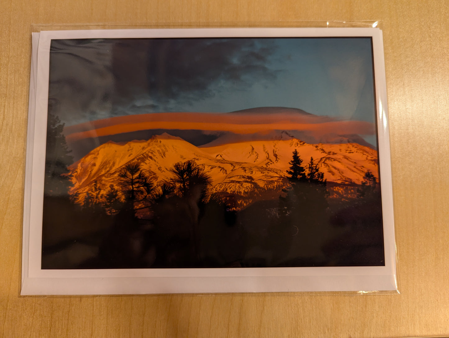 Hand made greeting card featuring a stunning photo of Mt. Shasta crowned with lenticular clouds.