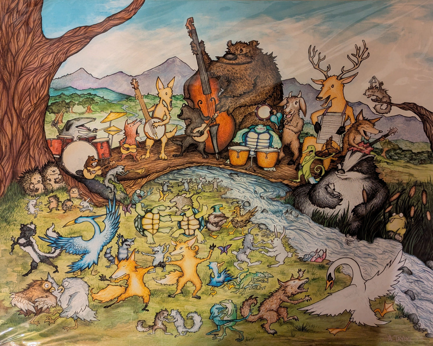 Illustration of various animals gathered around a stream with mountains in the background