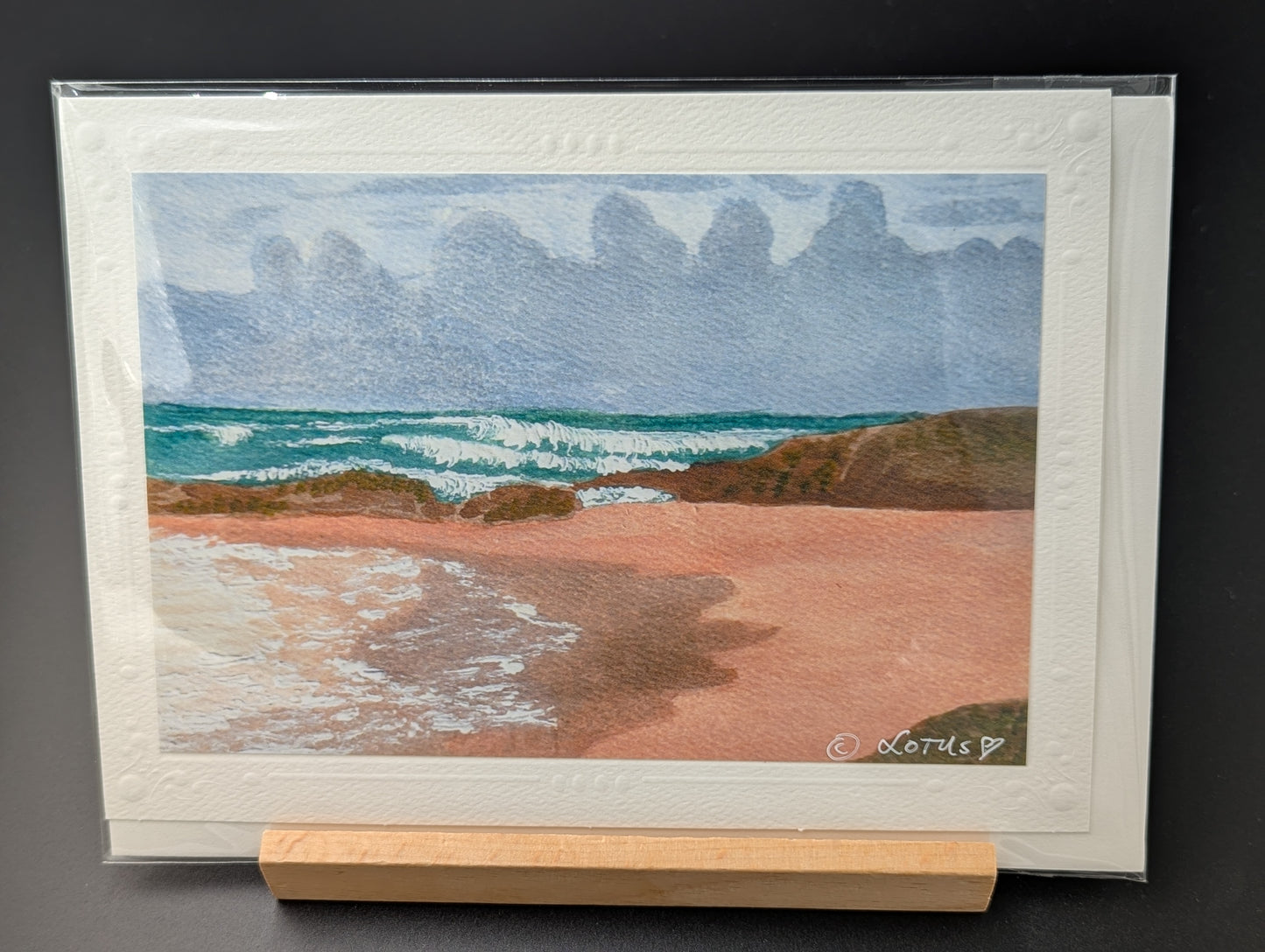 Hand drawn greeting card featuring a landscape of Pistachio Beach in central California