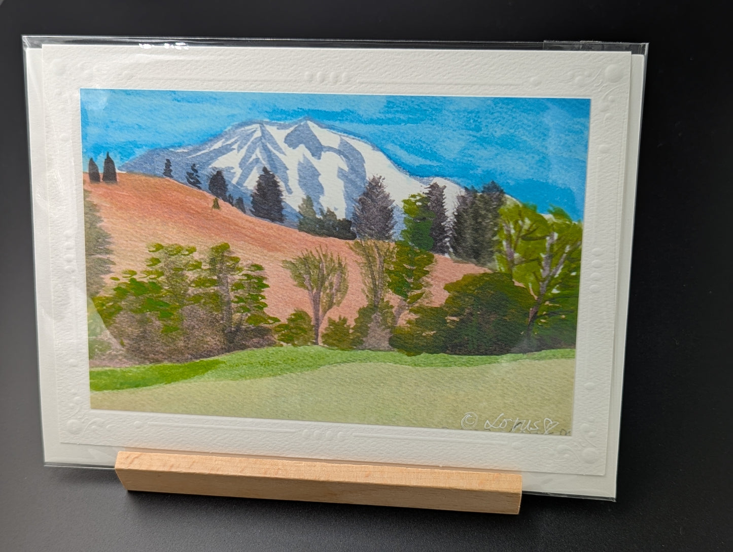 Hand painted card featuring a serene view of Mt. Shasta