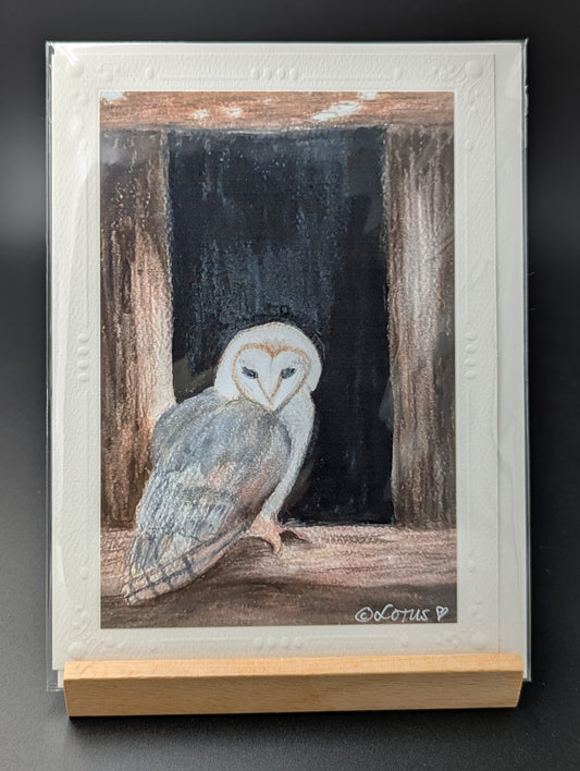Hand drawn card featuring a barn owl.