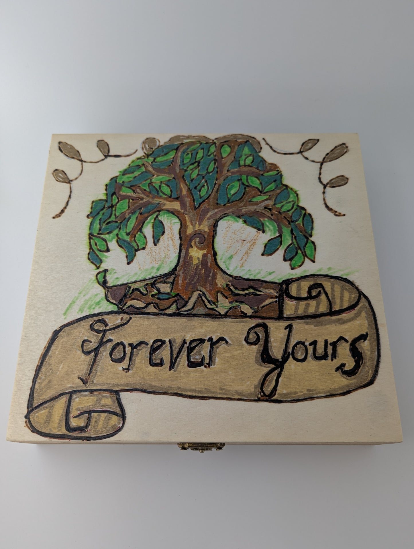 Wooden box with a tree and 'Forever Yours' inscription 