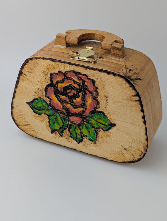 Retro suitcase shaped decorative wooden box with a painted rose design 