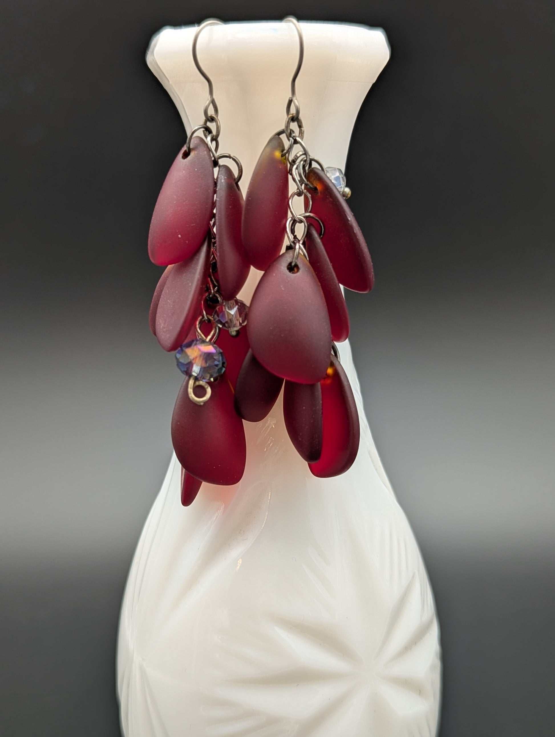 Red sea glass chandelier style earrings. 