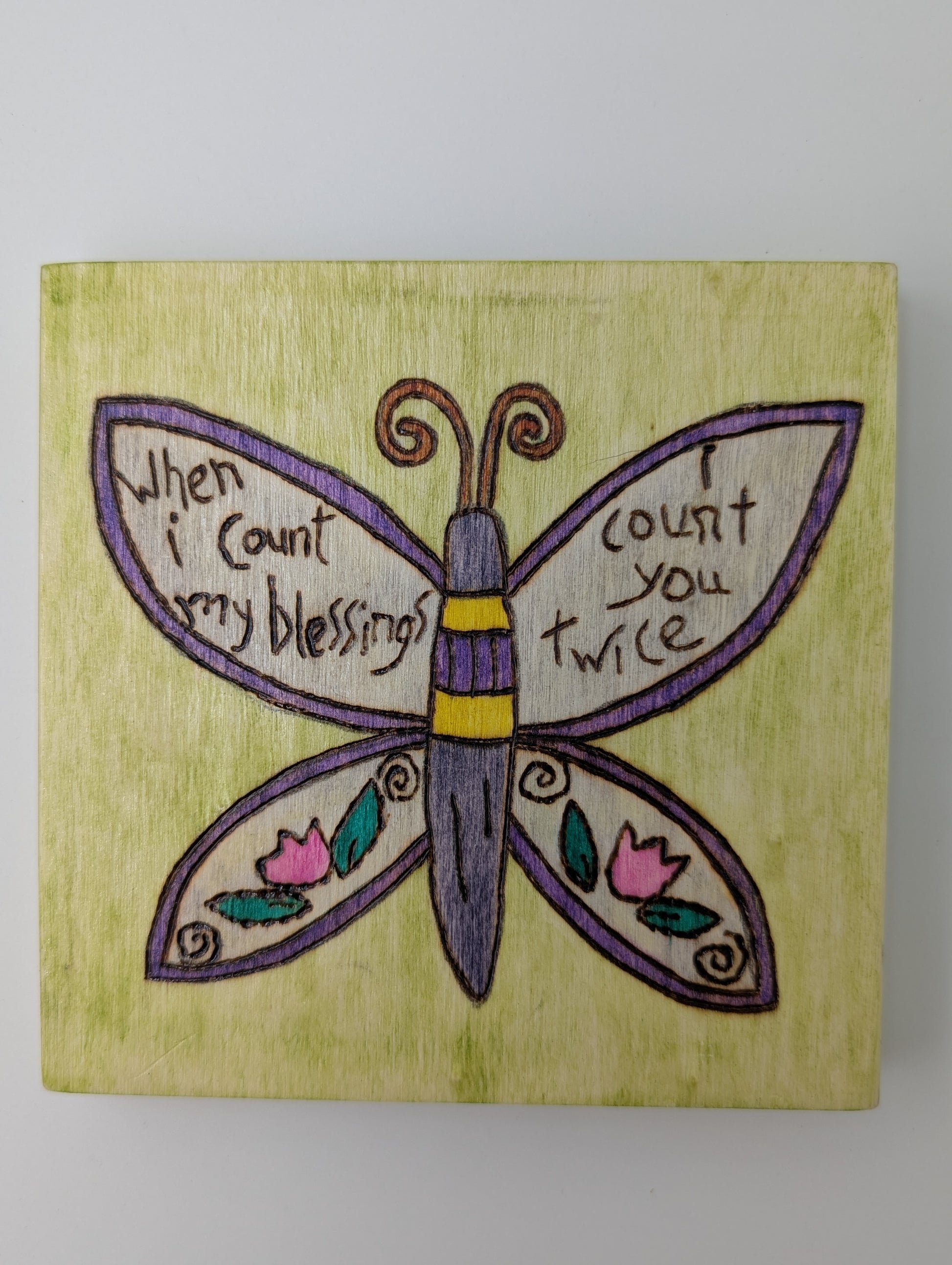 Wood-burned and hand painted wooden wall art. "When I count my blessings I count you twice" with image of butterfly and flowers.