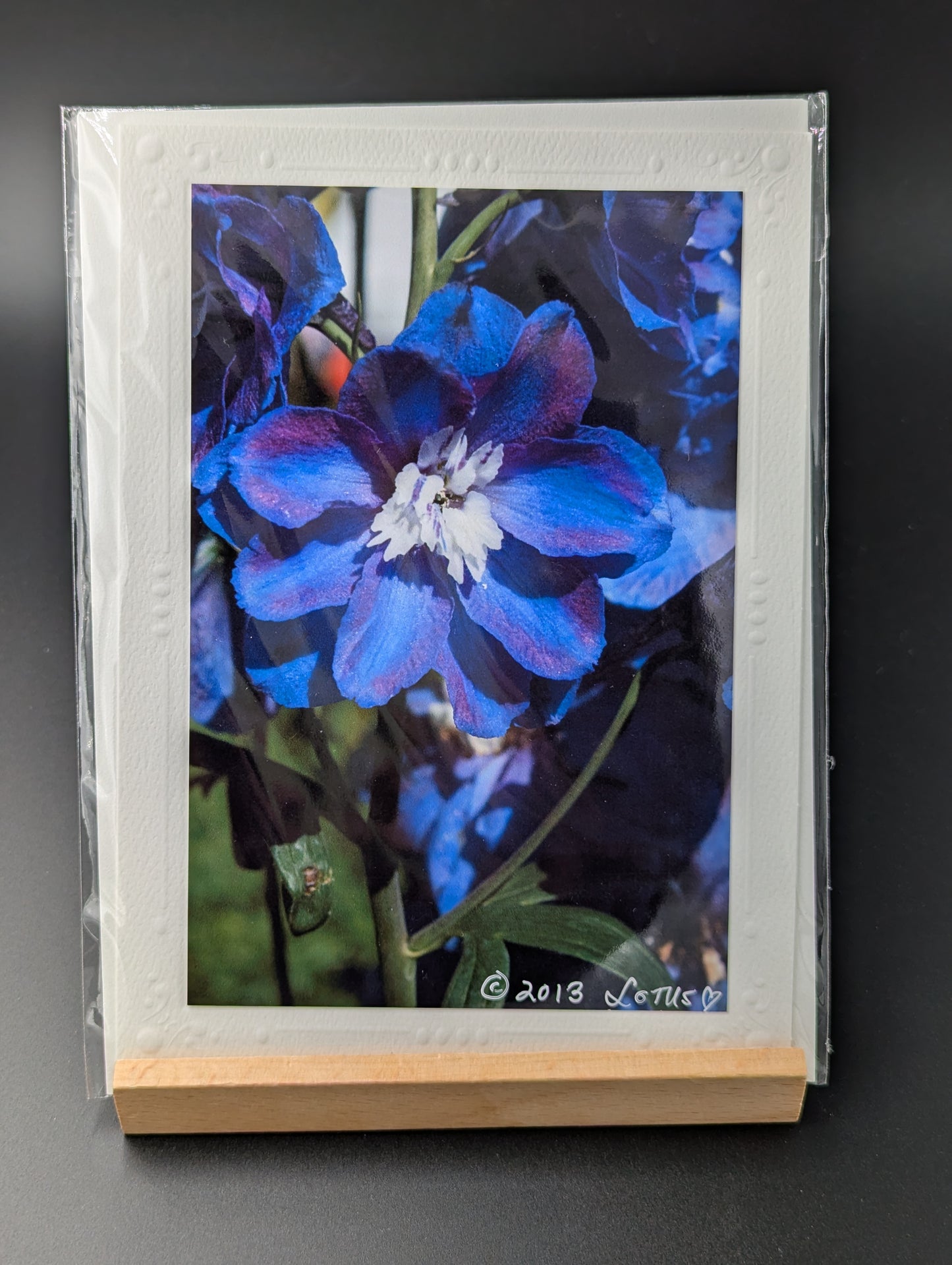 Greeting card with a photo of a delphinium flower.