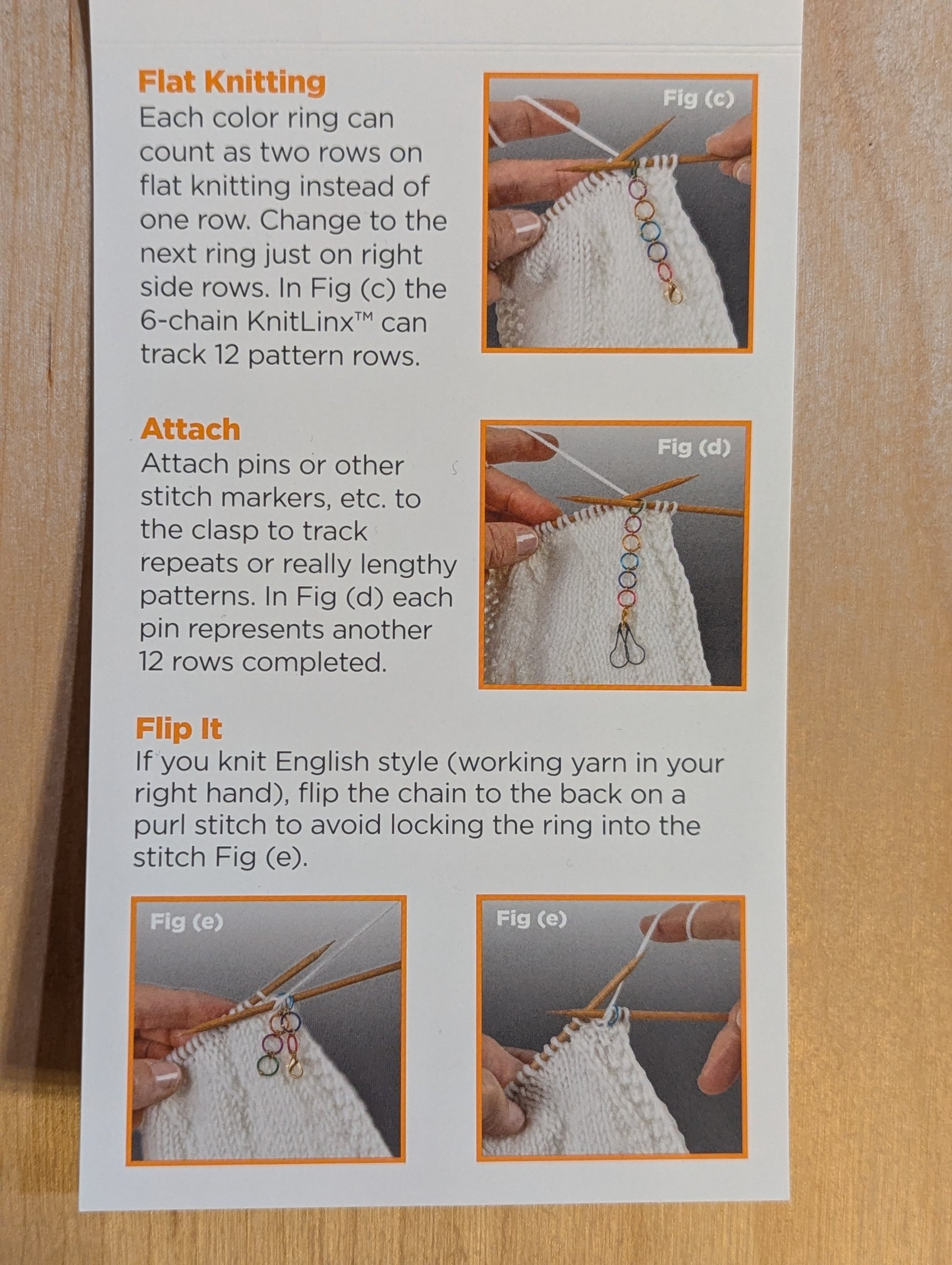 Instructions on how to use KnitLinx row counters knitting tool. Topics are "flat knitting", "attach", and "flip it".