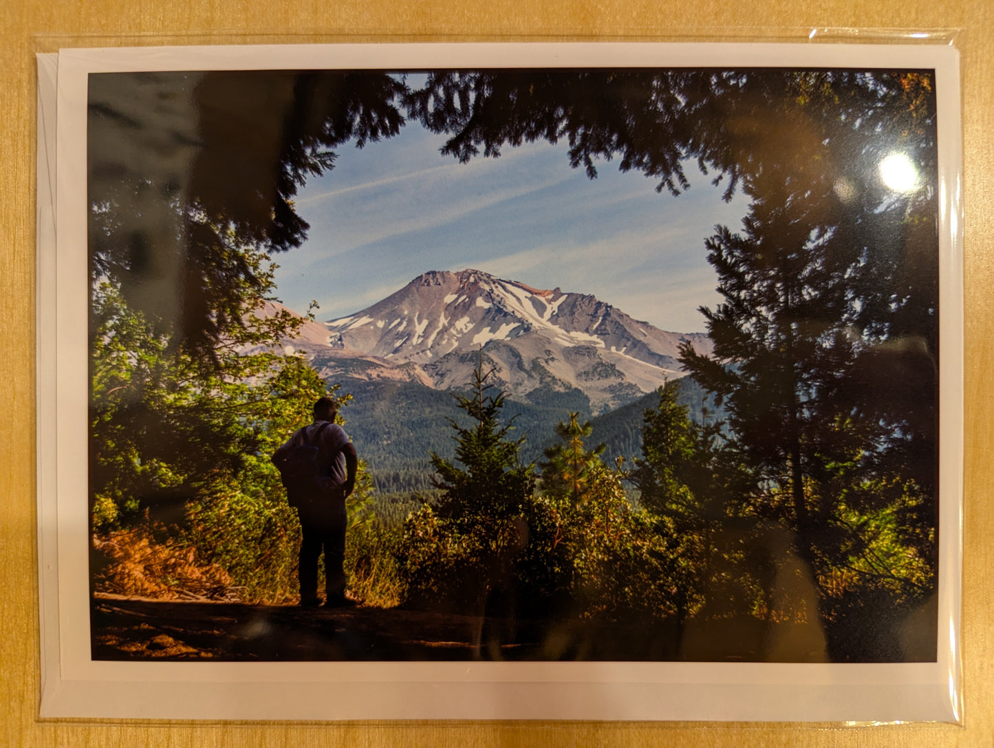Hand made card. A hiker quietly contemplates the grand view of Mt. Shasta.