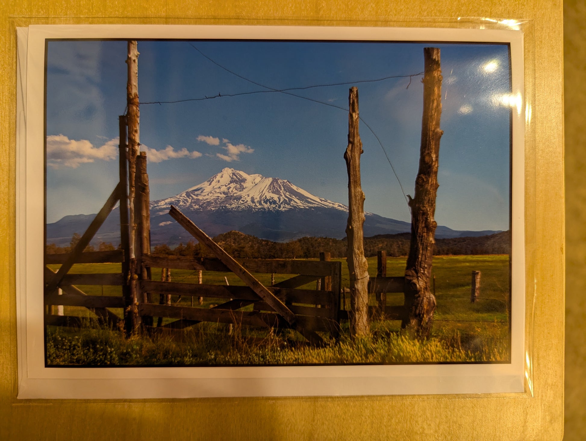 Hand made card. Mt. Shasta stands sentinel over pastureland, perfectly capturing a vibrant piece of local heritage.
