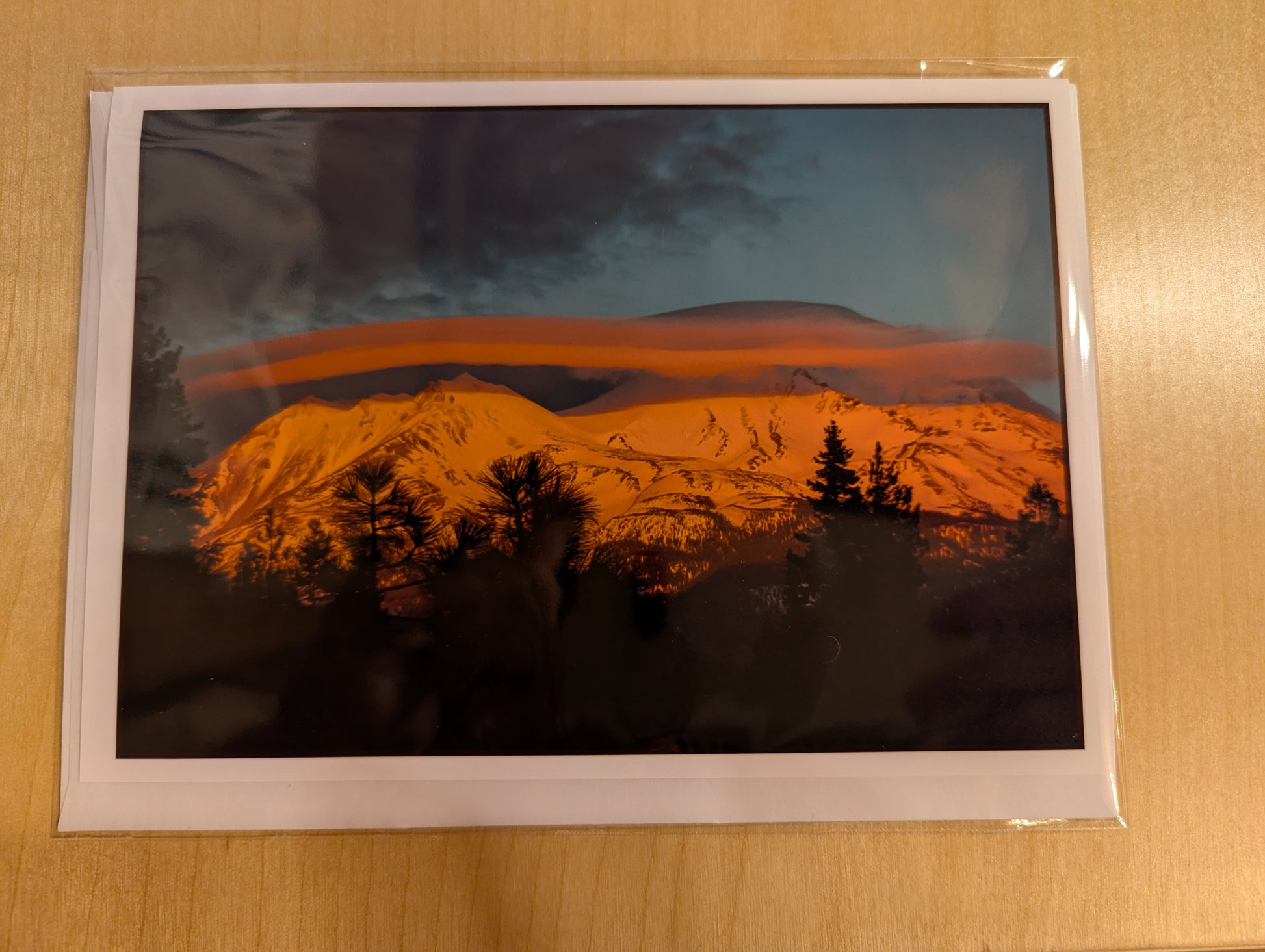 Hand made greeting card featuring a stunning photo of Mt. Shasta crowned with lenticular clouds.