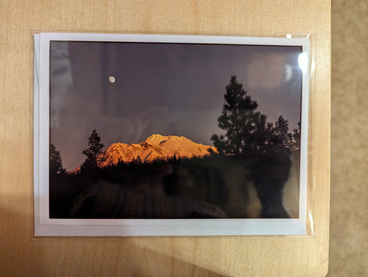 Hand made card featuring a breathtaking photo of Mt. Shasta in the moonglow.