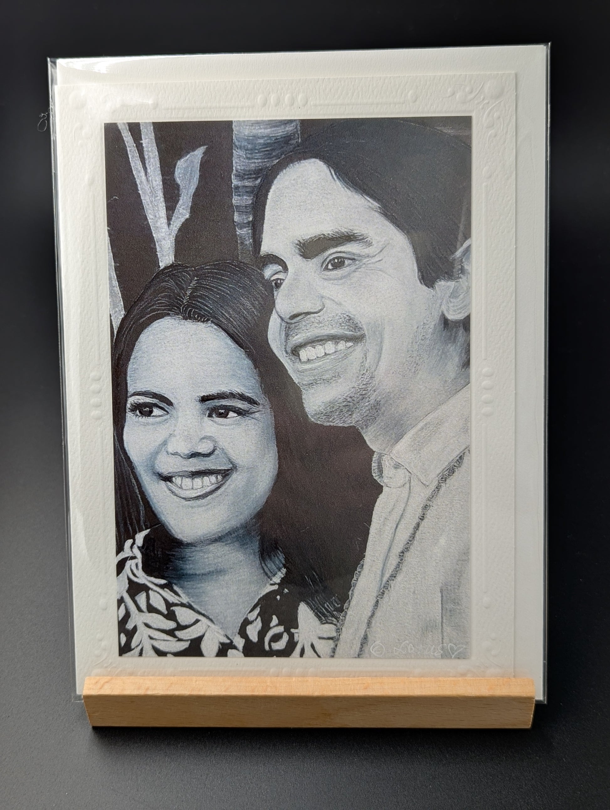 Hand drawn card featuring the happy bride and groom