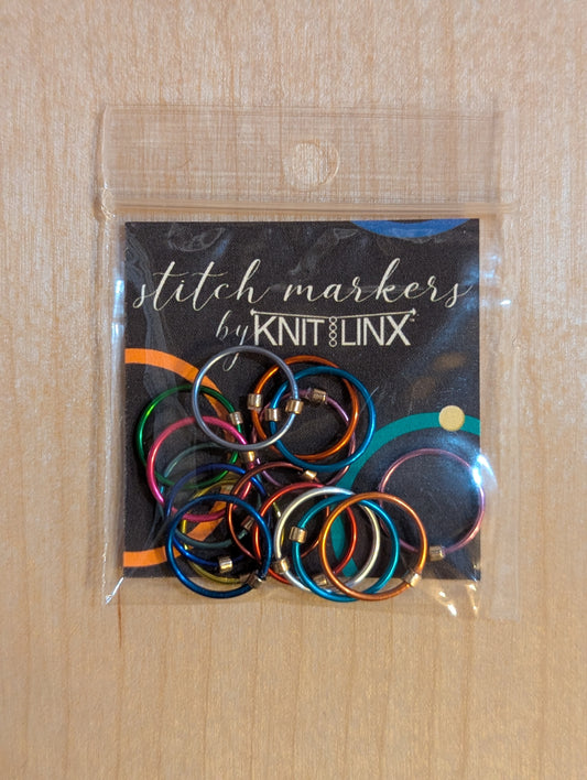 Knitting and crochet stitch markers by KnitLinx for knitting needles size 9 through 13. Made from metal in assorted colors.