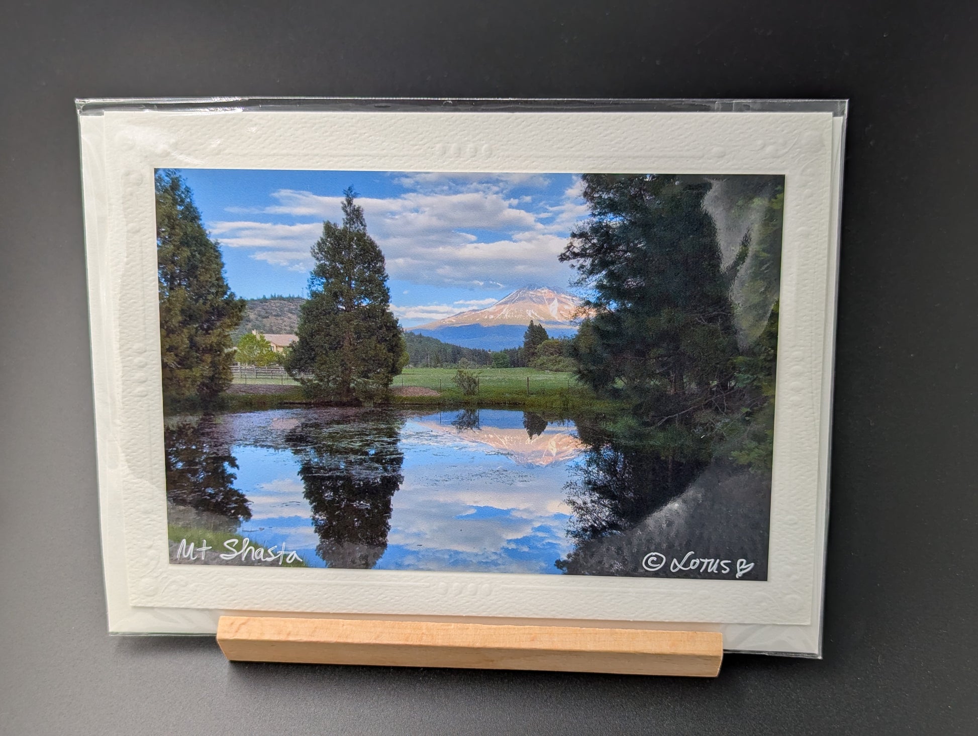 Greeting Card with a photograph of Mt Shasta overlooking the water