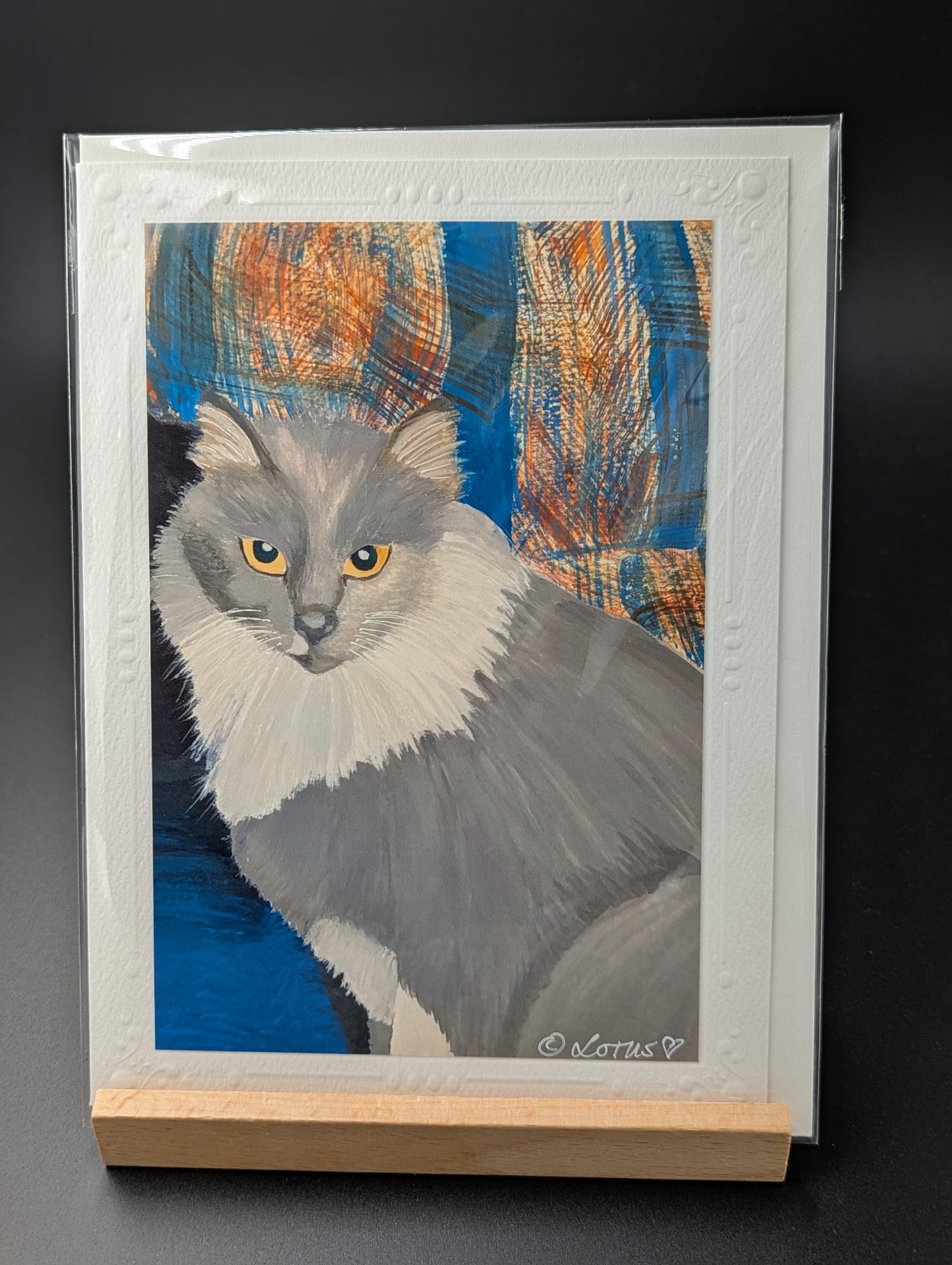 Hand drawn greeting card featuring a long hair gray and white cat.