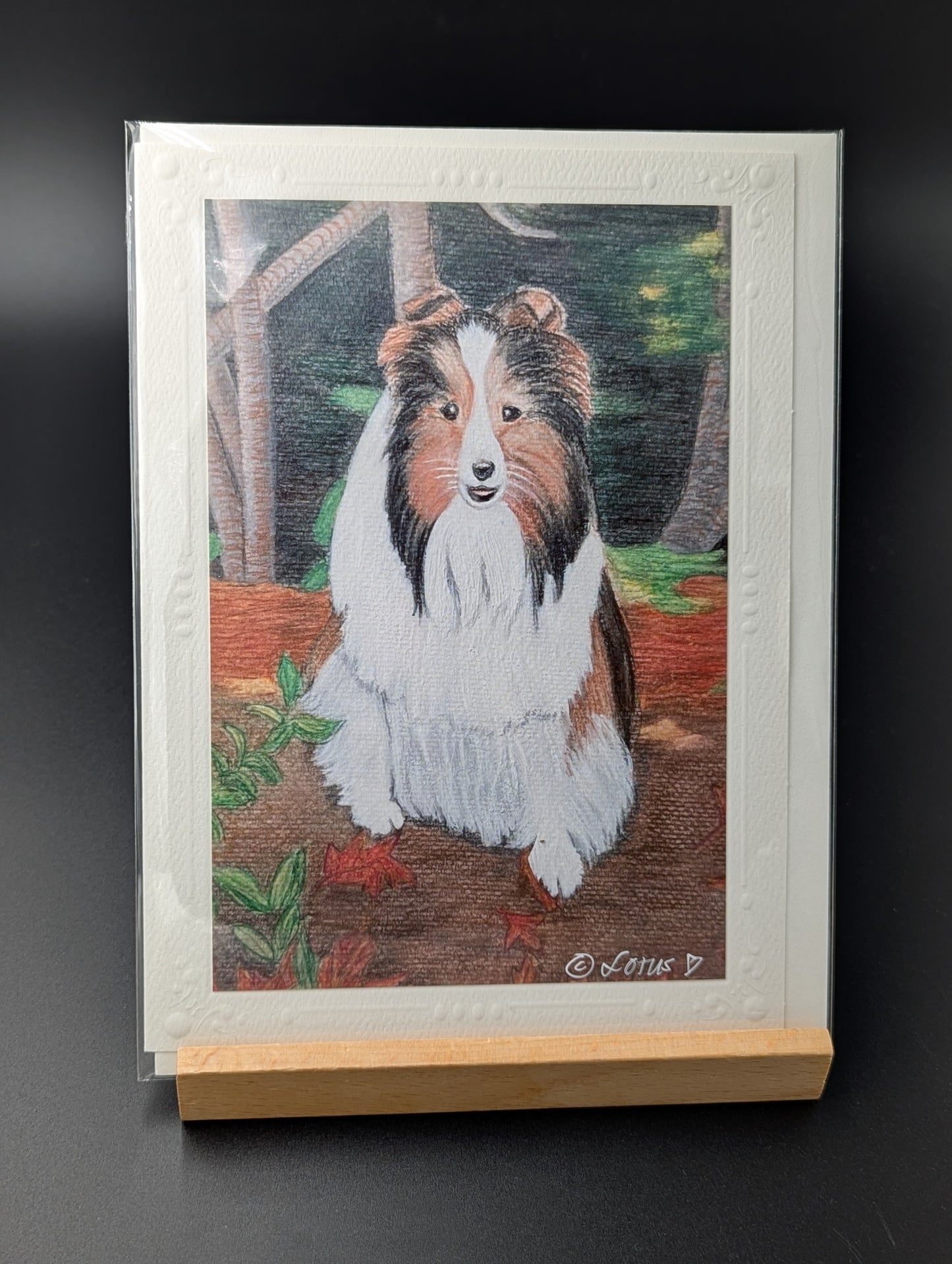 Hand drawn greeting card featuring a Shetland Sheepdog