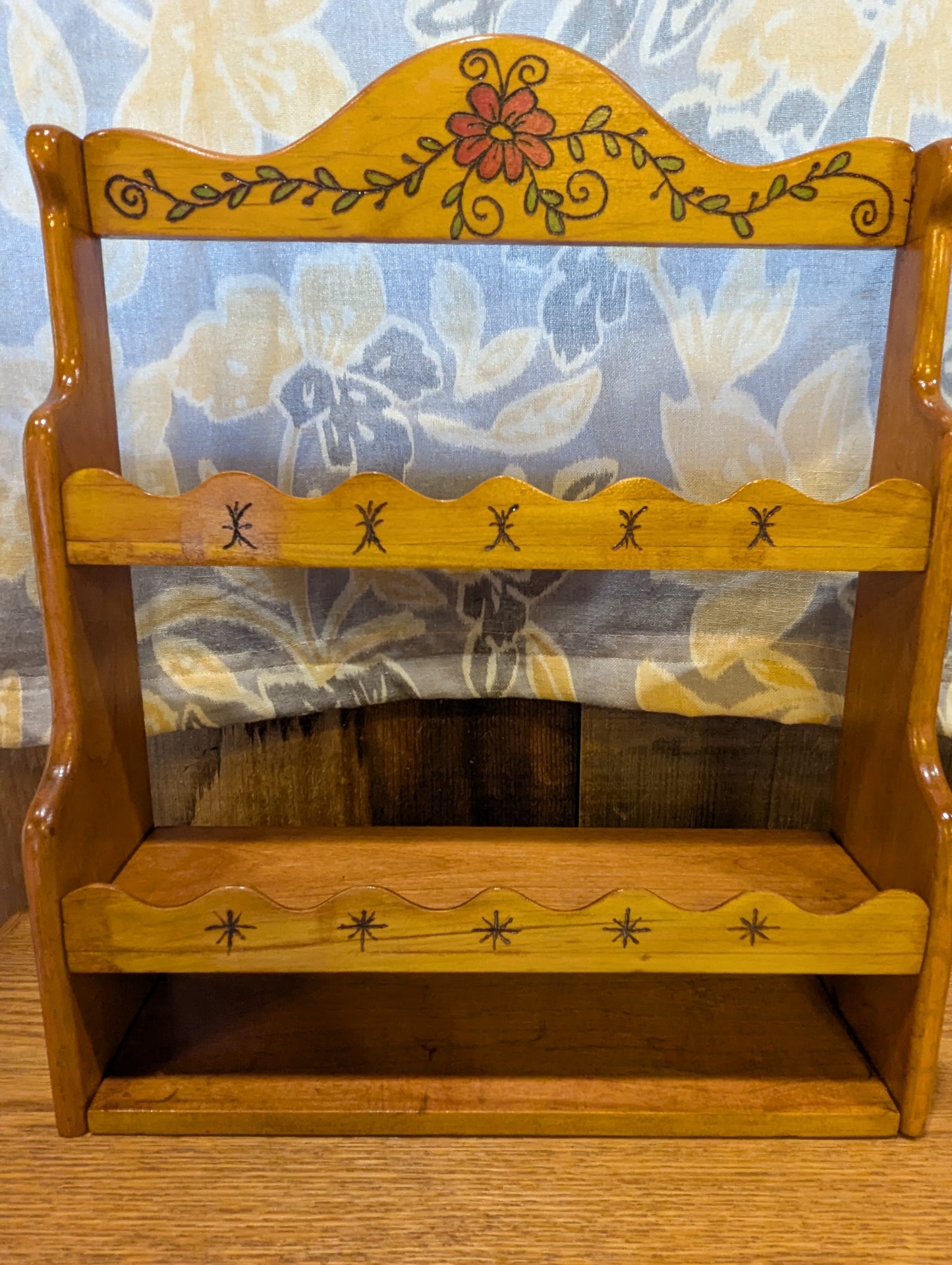 Vintage wooden spice rack given new life with artistic tender loving care. Wood-burned and hand painted.