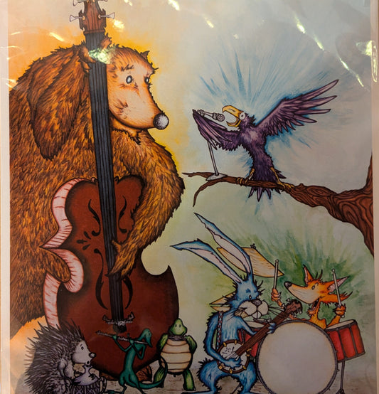 Illustration of animals playing music with a bear playing a cello, a bird, a rabbit, and a fox on a wooden surface.