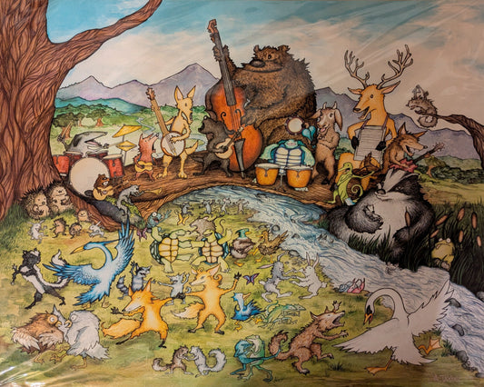 Illustration of various animals gathered around a stream with mountains in the background