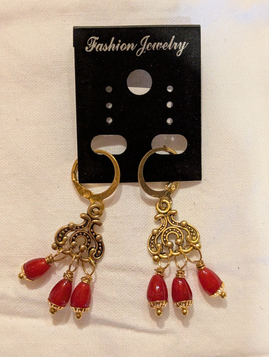 Earrings: Small red and gold drops