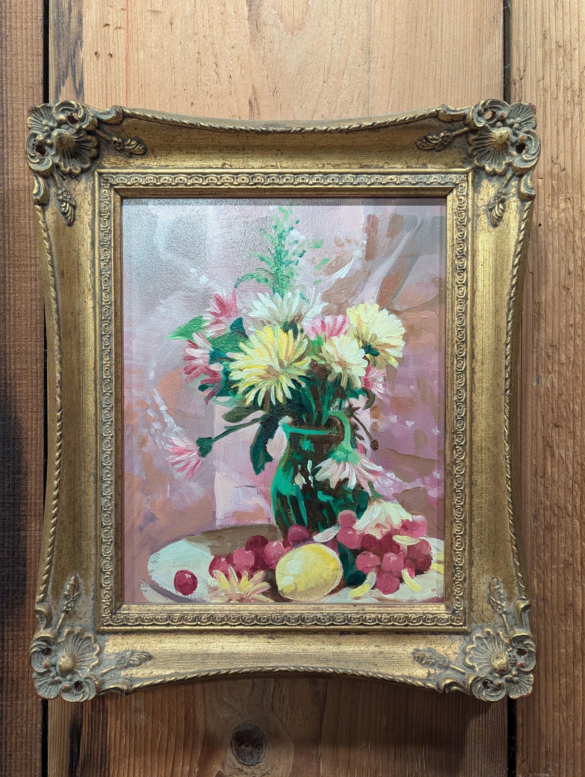 Hand painted by a local artist. This beautiful oil painting depicts local flowers in an exuberant still life setting. The luminous warm colors capture hope and cheerfulness. "Flower Power" is a compelling addition to your home.
