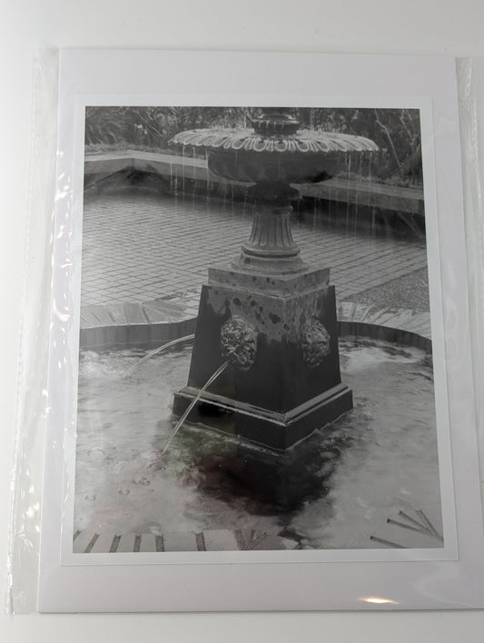 Black and white photograph of the fountain in Lithia Park, Ashland, Oregon.