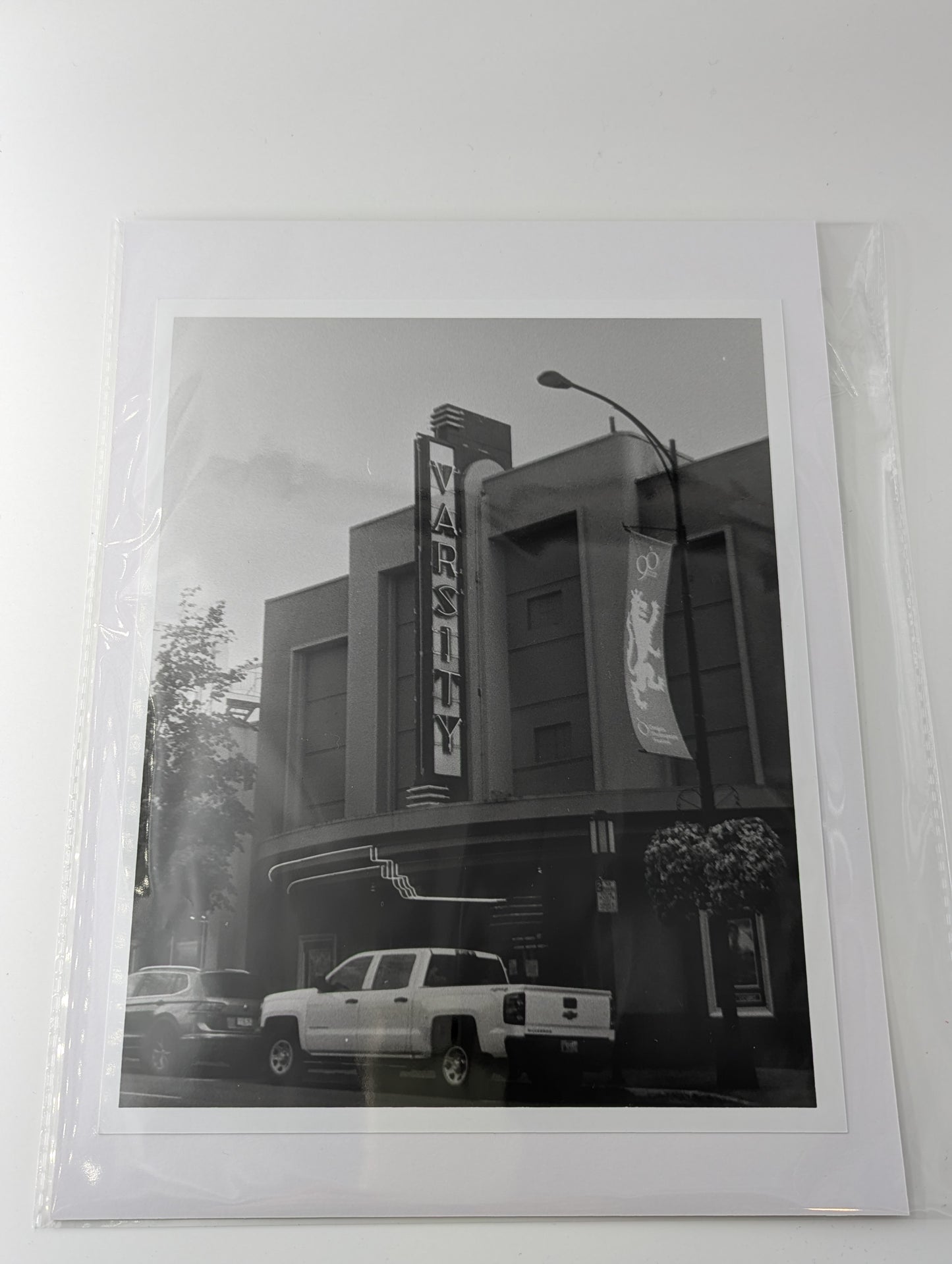 A black and white photo of the Varsity Theater in Ashland, Oregon