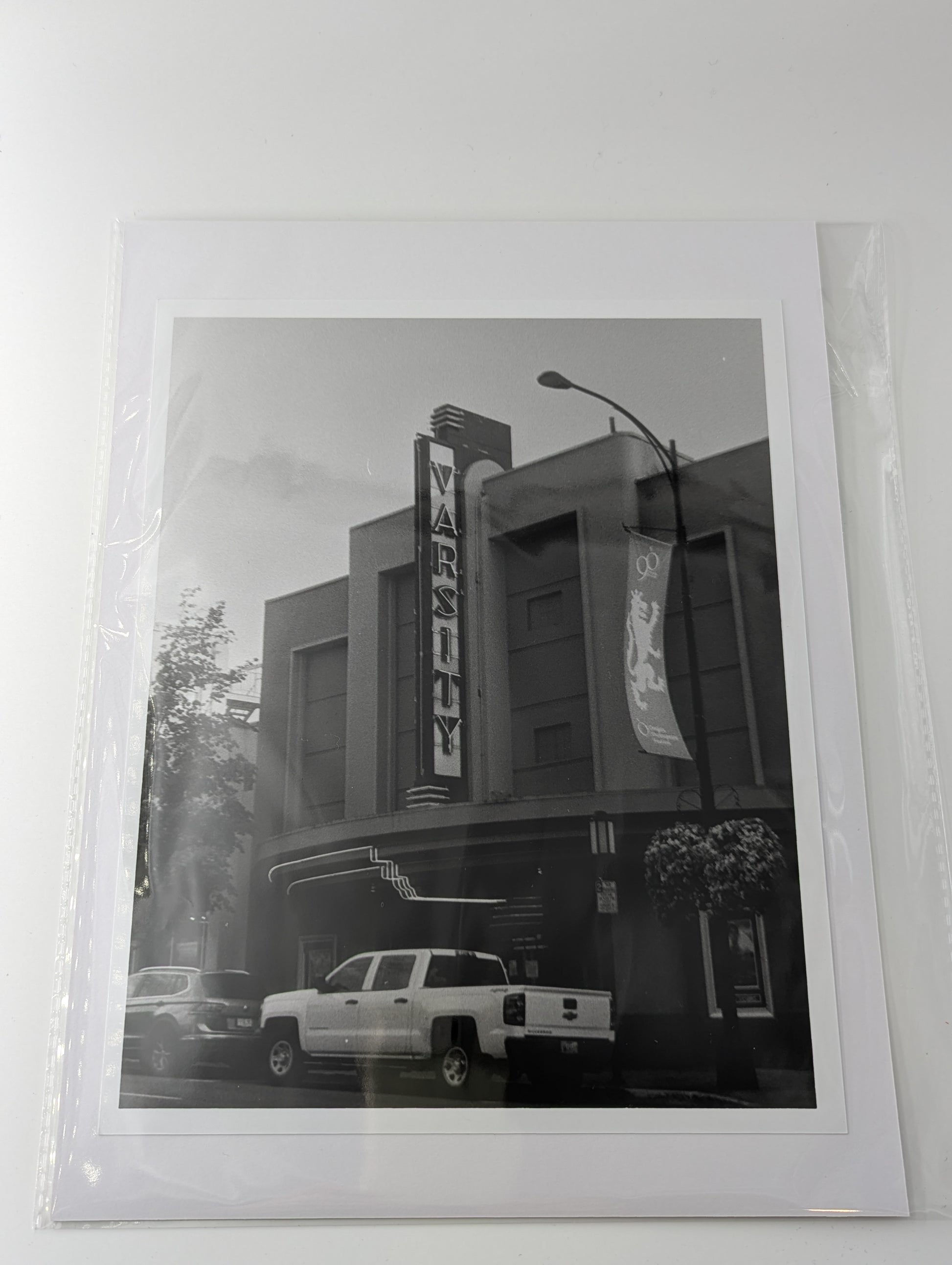 A black and white photo of the Varsity Theater in Ashland, Oregon