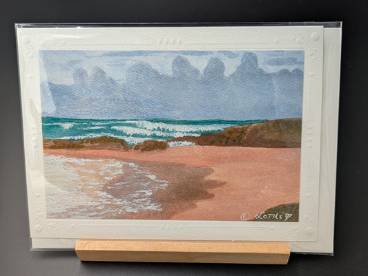 Hand drawn greeting card featuring a landscape of Pistachio Beach in central California