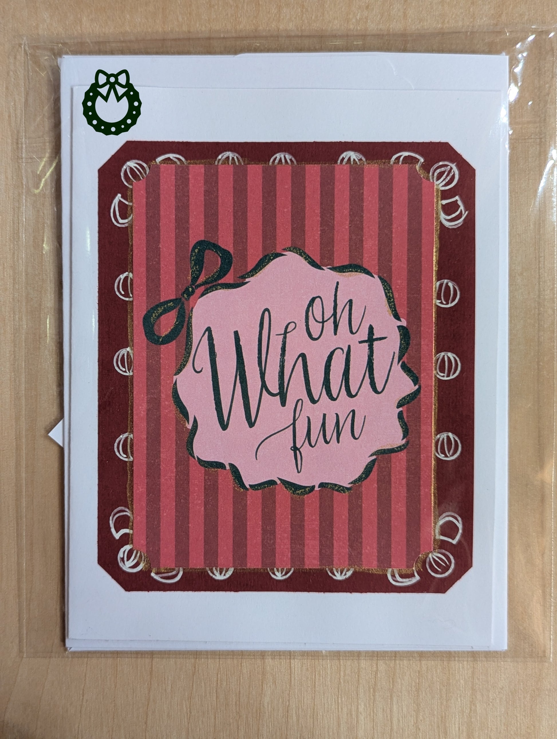 Greeting card with 'Oh What Fun' text on a red striped background with a white border
