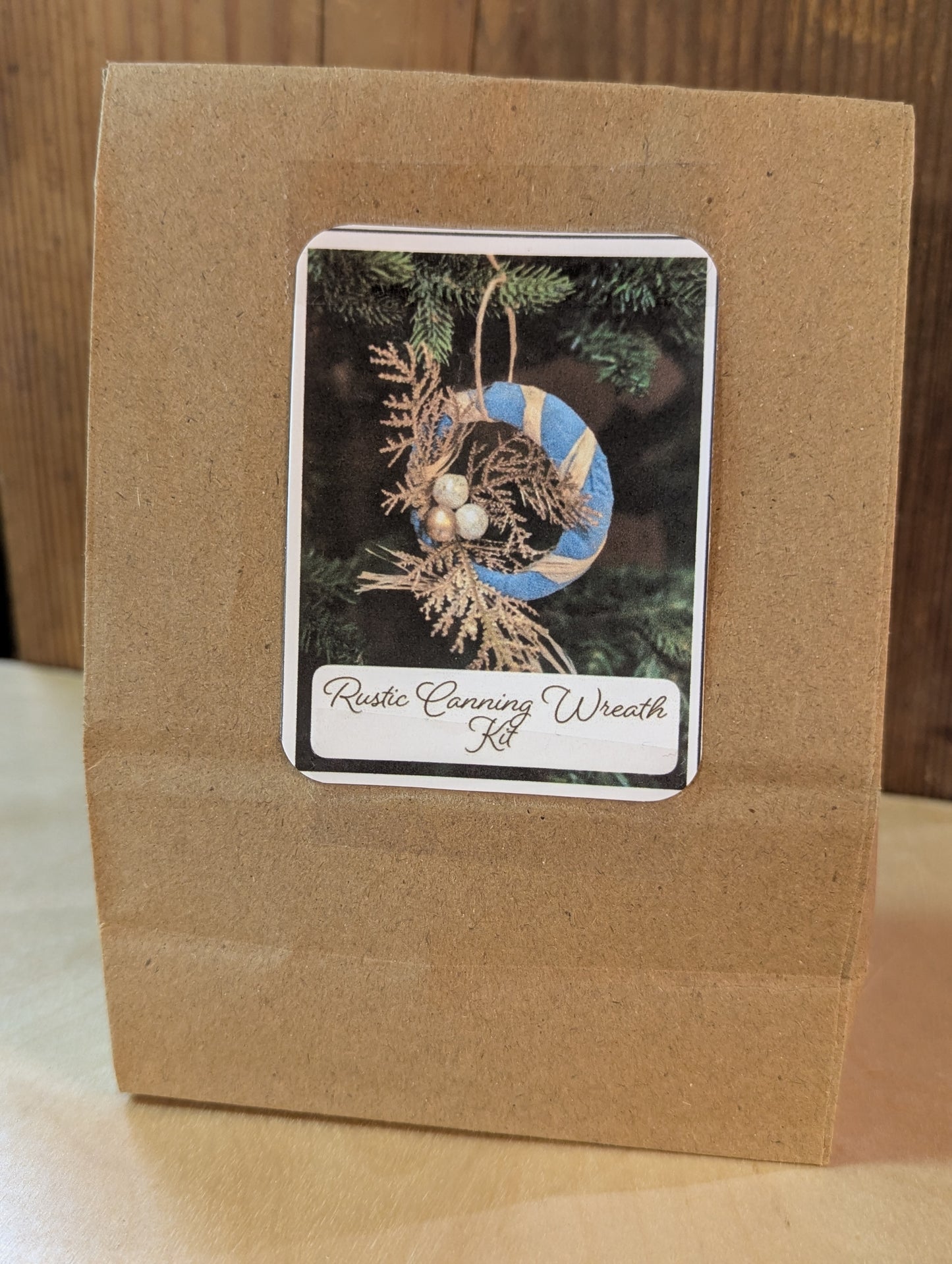 Kraft paper bag with a label for a rustic canning wreath kit