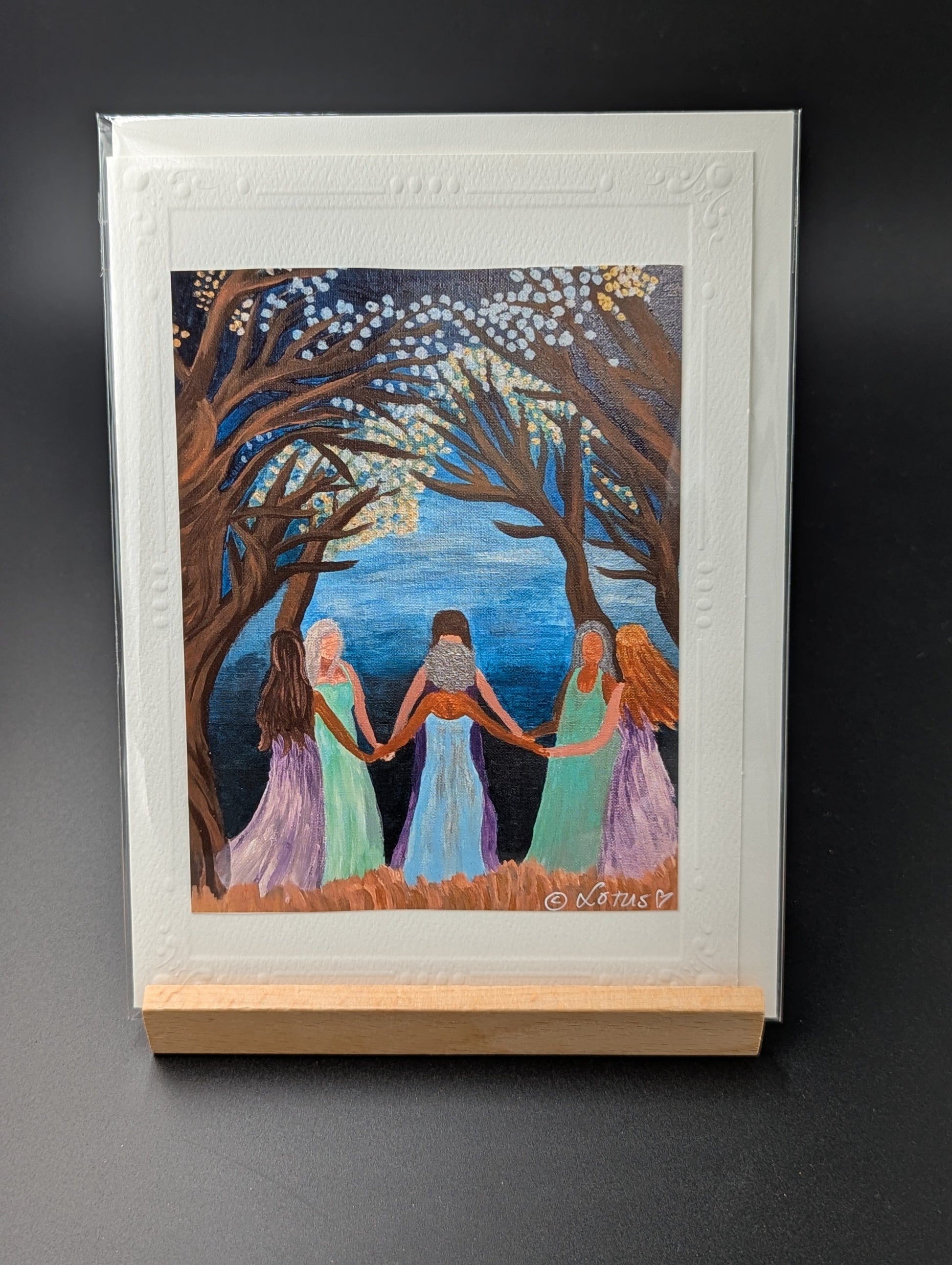 Hand drawn greeting card featuring a sacred circle in the moonlight