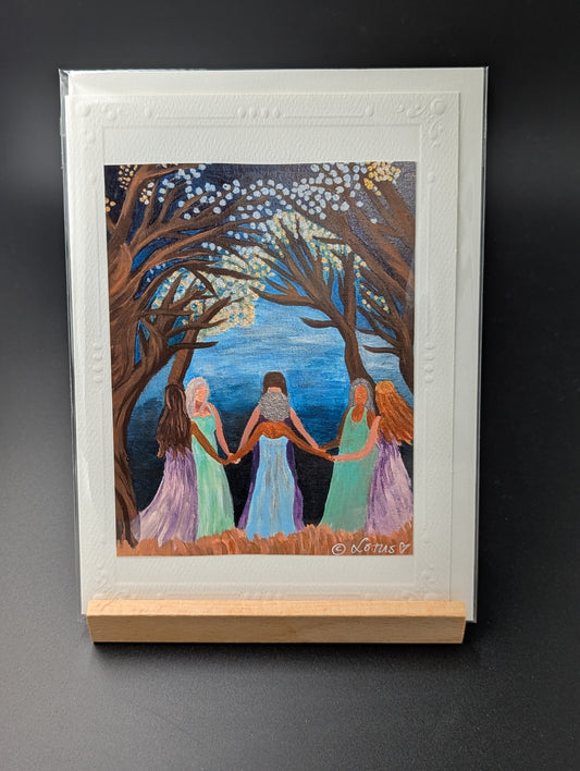 Hand drawn greeting card featuring a sacred circle in the moonlight