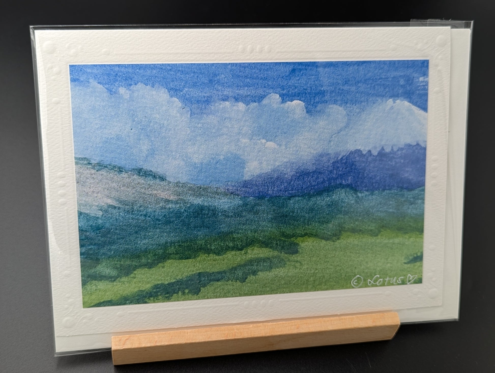Hand drawn greeting card featuring a summer storm brewing over Mt Shasta