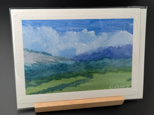 Hand drawn greeting card featuring a summer storm brewing over Mt Shasta