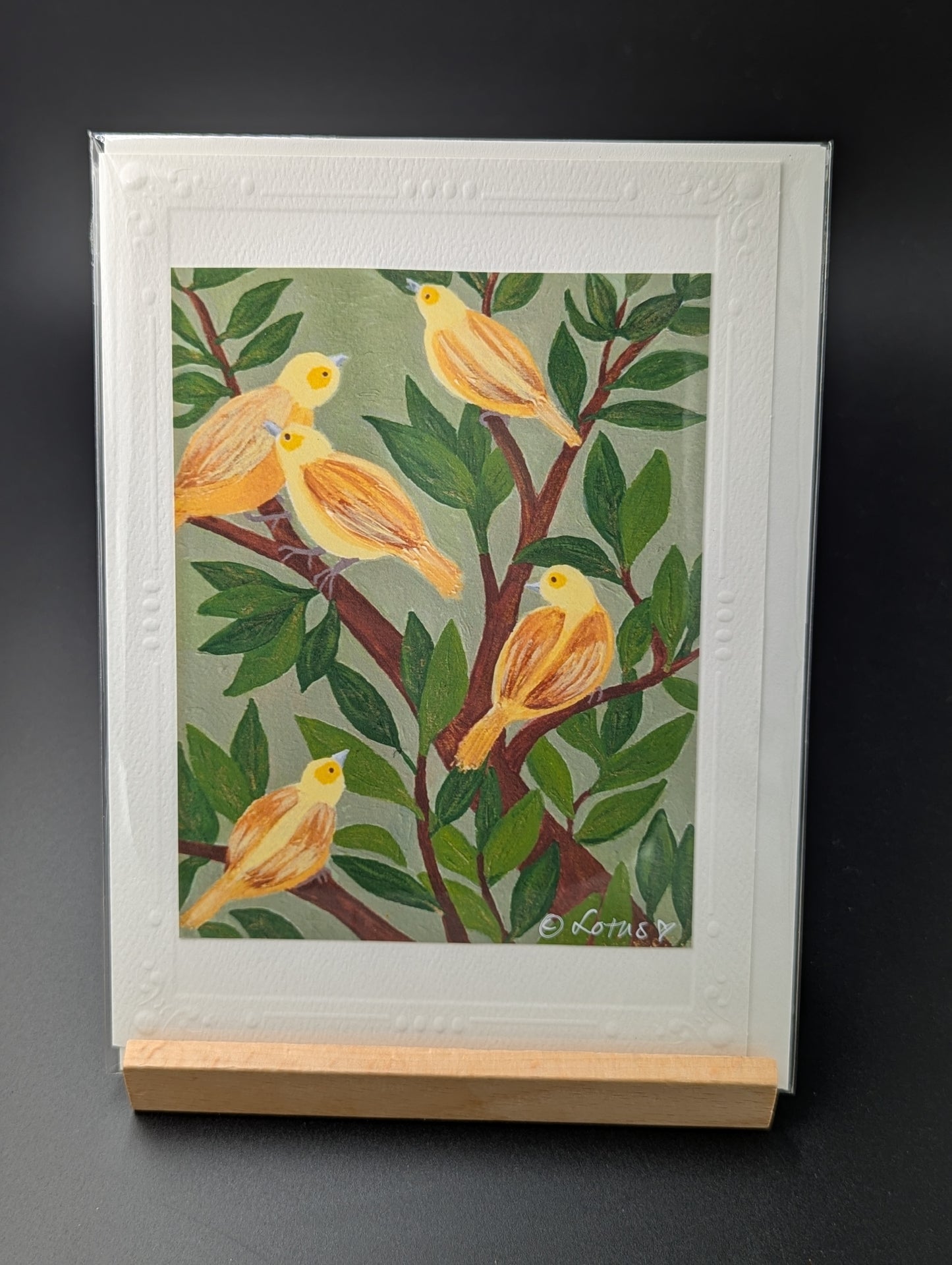 Hand painted greeting card featuring canary birds
