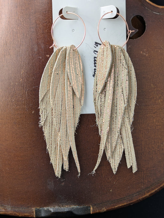 Leather earrings. Feather shaped, cream and gold with rose gold hoops. 4.5 inches long