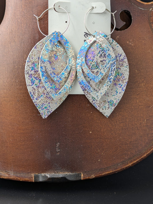 Leather drop shaped earrings. Light gray with iridescent glitter on silver hoops. 4 inches longs.